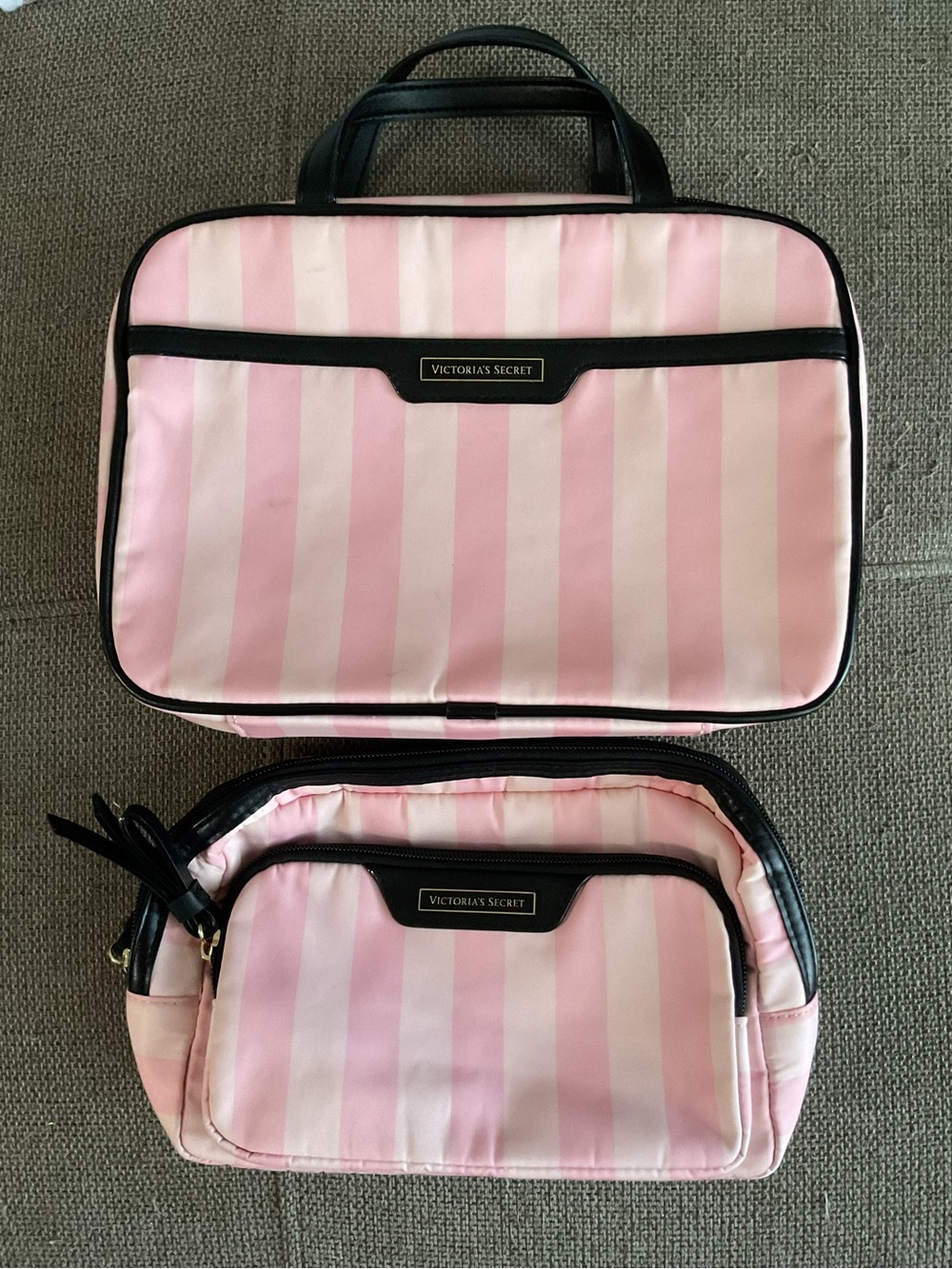Victoria's Secret Pink & White Striped Cosmetic bag set of two